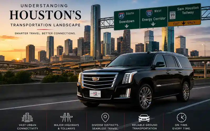 Luxury black Cadillac Escalade with Lavish Ride logo plate driving through Houston highways at sunset, surrounded by major freeway interchanges, downtown skyline, and transportation signs representing Houston’s diverse ground transportation network and regional mobility connections.
